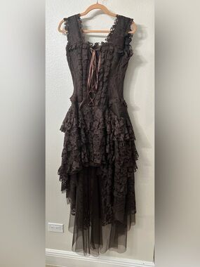 Victorian-Inspired Brown Lace High-Low Dress with Ruffle Tiers